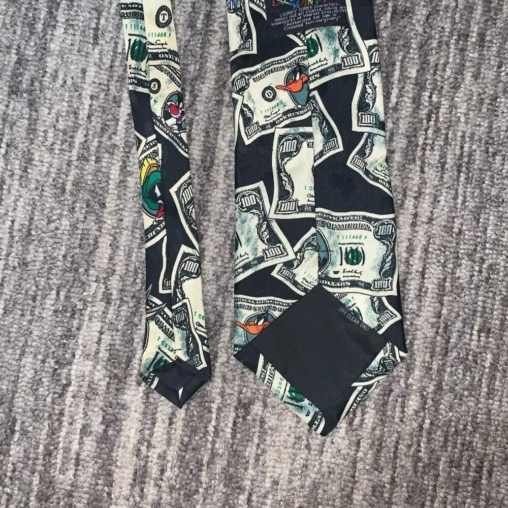 Vtg Looney Tunes for President Money Novelty Neck Tie Black Bugs Bunny & Friends